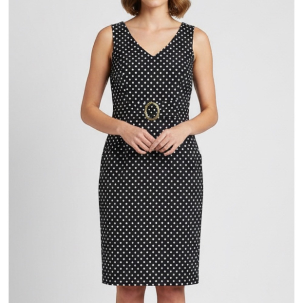 TAHARI Arthur S Levine NAVY/WHITE Polka Dot STRETCH TWILL Pockets SHEATH DRESS 8